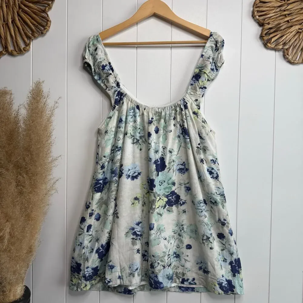 Free People mini dress floral boho pleated summer cotton linen beach Small